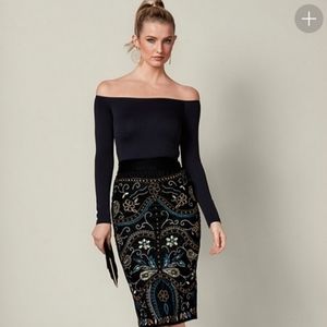 NWOT! Black Embroidered Velour Midi Skirt